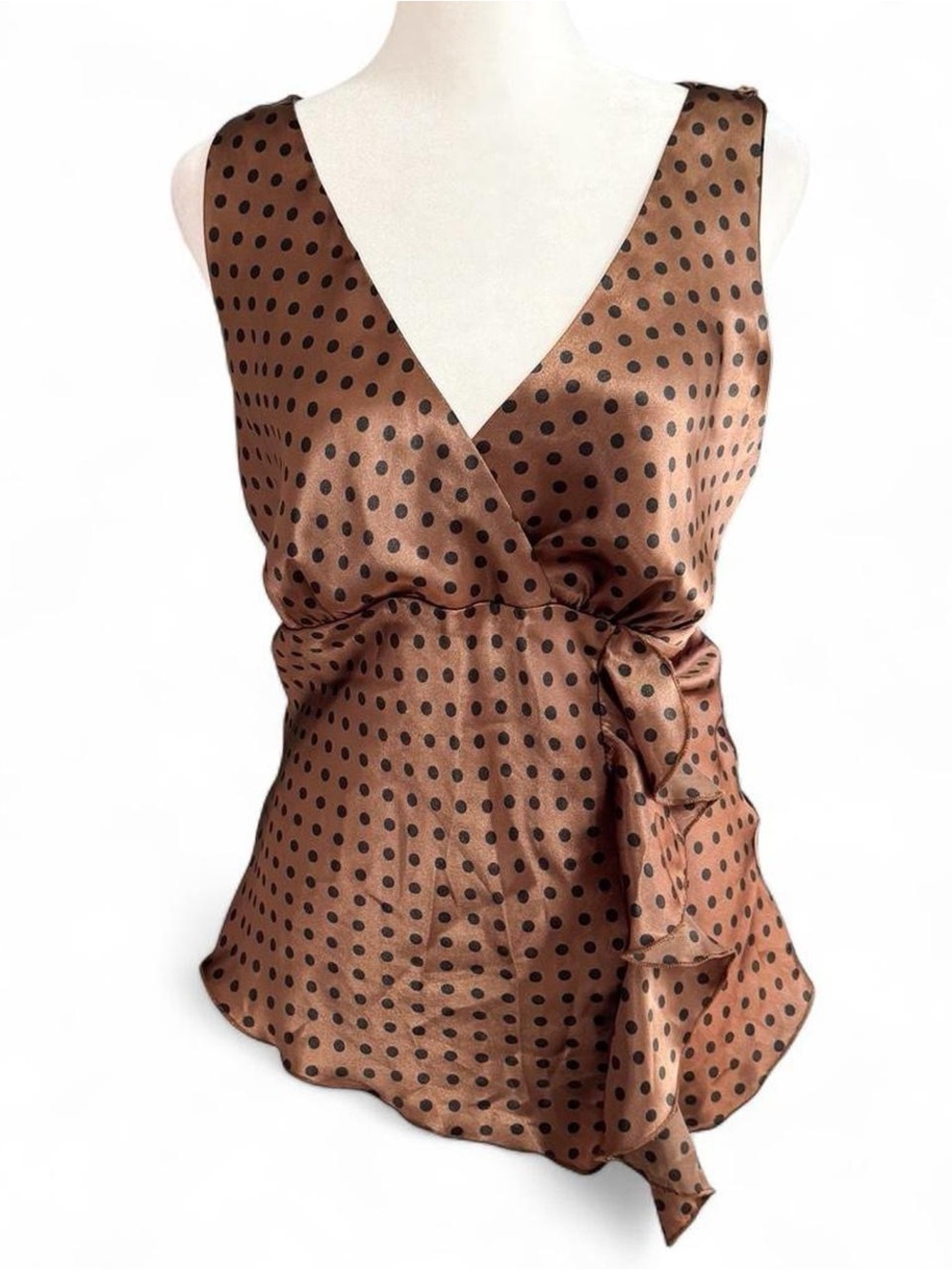 Vintage Y2K Necessary Objects Brown Black Polka Dot Satin Wrap Tank Top L